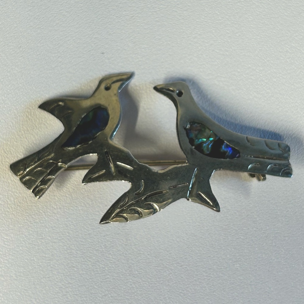 Vintage Mexico Taxco Signed TA-15 925 Sterling Silver Abalone Love Birds Dove